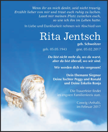 Traueranzeige von Rita Jentsch von Super Sonntag Wittenberg