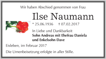 Traueranzeige von Ilse Naumann von Super Sonntag SGH Mansf. Land