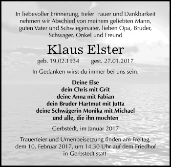 Traueranzeige von Klaus Elster von Mitteldeutsche Zeitung Mansfelder Land