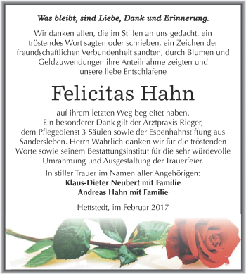 Traueranzeige von Felicitas Hahn von Super Sonntag SGH Mansf. Land