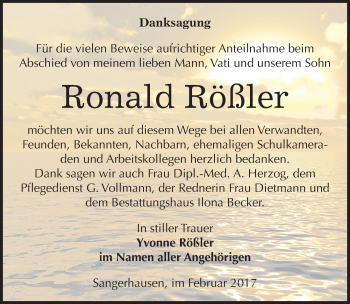 Traueranzeige von Ronald Rößler von Mitteldeutsche Zeitung Sangerhausen