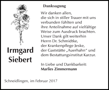 Traueranzeige von Irmgard Siebert von Super Sonntag SGH Mansf. Land