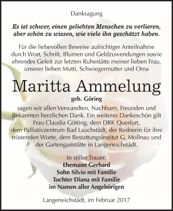Traueranzeige von Maritta Ammelung von Super Sonntag Halle