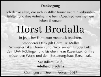 Traueranzeige von Horst Brodalla von Mitteldeutsche Zeitung Mansfelder Land