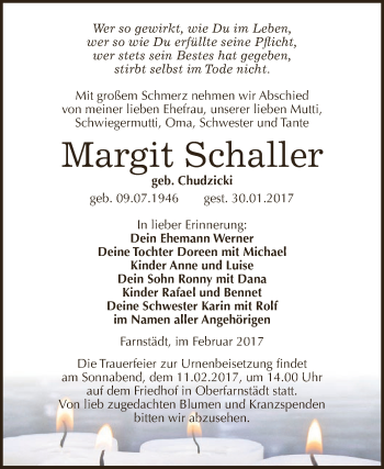 Traueranzeige von Margit Schaller von Super Sonntag SGH Mansf. Land