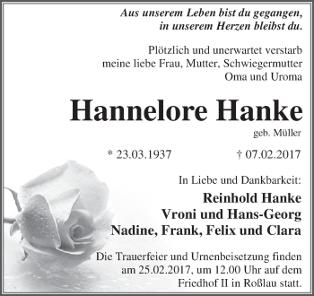 Traueranzeige von Hannelore Hanke von WVG - Wochenspiegel Dessau / Köthen