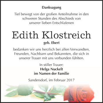 Traueranzeige von Edith Klostreich von WVG - Wochenspiegel Bitterfeld