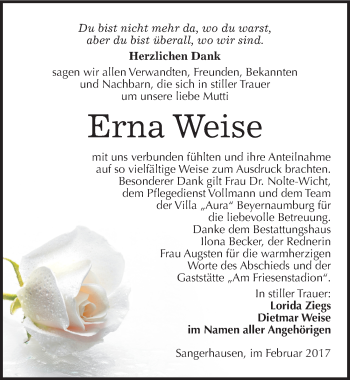Traueranzeige von Erna Weise von Mitteldeutsche Zeitung Sangerhausen