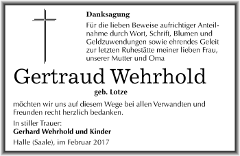 Traueranzeige von Gertraud Wehrhold von Mitteldeutsche Zeitung Halle/Saalkreis