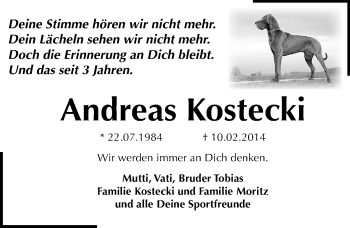 Traueranzeige von Andreas Kostecki von Mitteldeutsche Zeitung Dessau-Roßlau