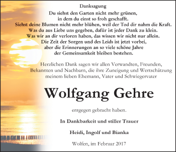 Traueranzeige von Wolfgang Gehre von Mitteldeutsche Zeitung Bitterfeld