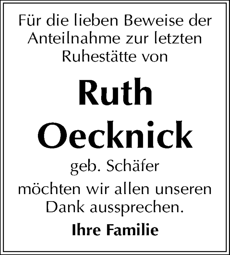  Traueranzeige für Ruth Oecknick vom 04.02.2017 aus Mitteldeutsche Zeitung Bitterfeld