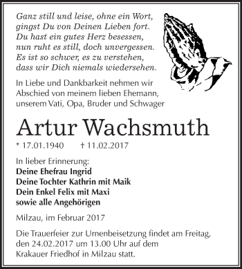 Traueranzeige von Artur Wachsmuth von Super Sonntag Halle