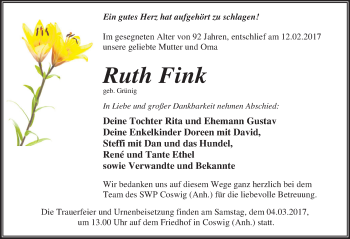 Traueranzeige von Ruth Fink von Mitteldeutsche Zeitung Wittenberg