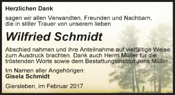 Traueranzeige von Wilfried Schmidt von Mitteldeutsche Zeitung Aschersleben