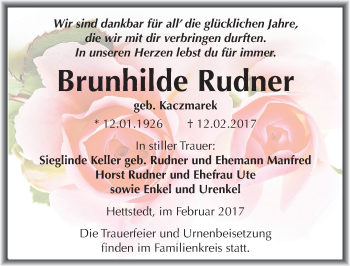 Traueranzeige von Brunhilde Rudner von Mitteldeutsche Zeitung Mansfelder Land