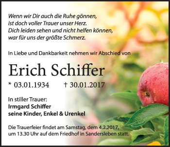 Traueranzeige von Erich Schiffer von Mitteldeutsche Zeitung Mansfelder Land