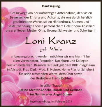 Traueranzeige von Loni Kranz von Super Sonntag SGH Mansf. Land