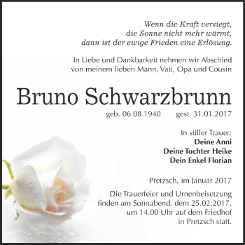 Traueranzeige von Bruno Schwarzbrunn von Super Sonntag Wittenberg