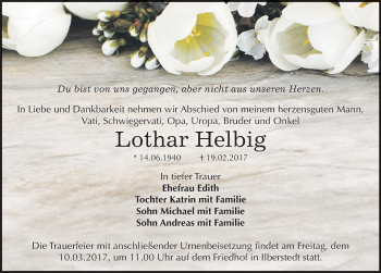 Traueranzeige von Lothar Helbig von Mitteldeutsche Zeitung Bernburg