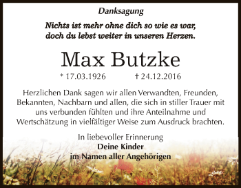 Traueranzeige von Max Butzke von WVG - Wochenspiegel NMB / WSF / ZTZ