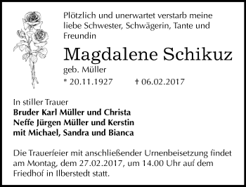 Traueranzeige von Magdalene Schikuz von Mitteldeutsche Zeitung Bernburg
