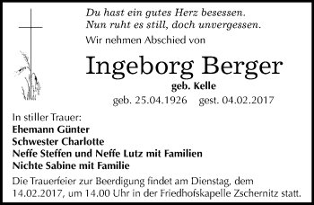 Traueranzeige von Ingeborg Berger von Mitteldeutsche Zeitung Bitterfeld