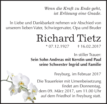 Traueranzeige von Richard Tietz von Mitteldeutsche Zeitung Naumburg/Nebra