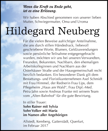 Traueranzeige von Hildegard Neuberg von Super Sonntag SGH Mansf. Land