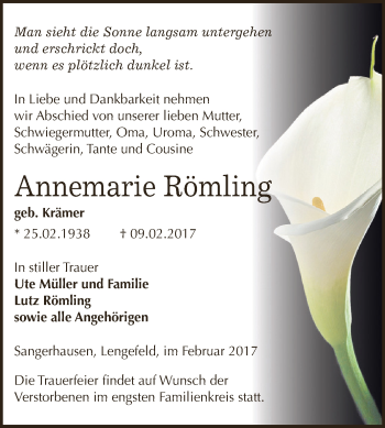 Traueranzeige von Annemarie Römling von Super Sonntag SGH Mansf. Land