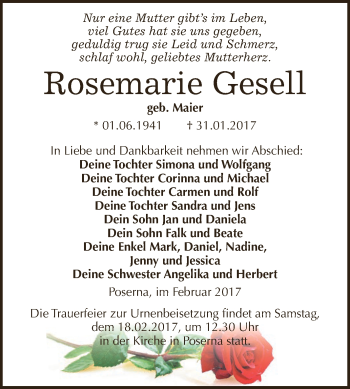 Traueranzeige von Rosemarie Gesell von WVG - Wochenspiegel NMB / WSF / ZTZ