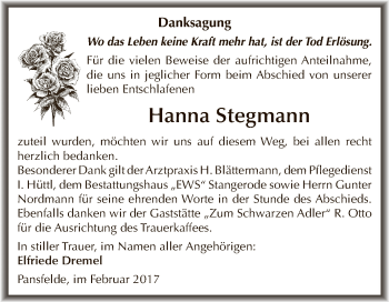 Traueranzeige von Hanna Stegmann von Super Sonntag Quedlinburg