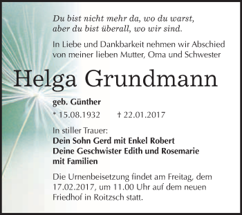 Traueranzeige von Helga Grundmann von WVG - Wochenspiegel Bitterfeld