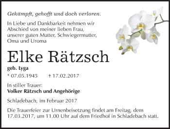 Traueranzeige von Elke Rätzsch von Mitteldeutsche Zeitung Merseburg/Querfurt