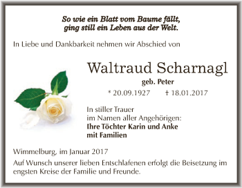 Traueranzeige von Waltraud Scharnagl von Super Sonntag SGH Mansf. Land