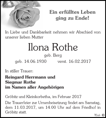 Traueranzeige von Ilona Rothe von WVG - Wochenspiegel NMB / WSF / ZTZ