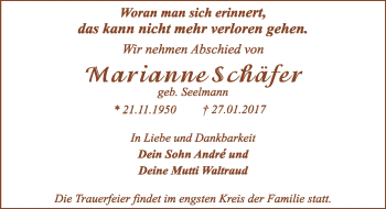Traueranzeige von Marianne Schäfer von Mitteldeutsche Zeitung Dessau-Roßlau