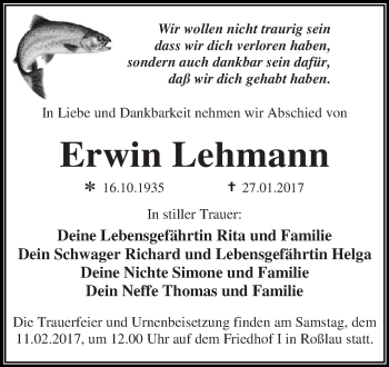 Traueranzeige von Erwin Lehmann von WVG - Wochenspiegel Dessau / Köthen