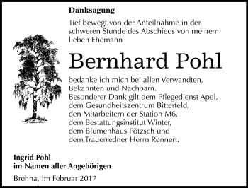 Traueranzeige von Bernhard Pohl von Mitteldeutsche Zeitung Bitterfeld