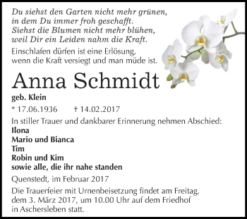 Traueranzeige von Anna Schmidt von Super Sonntag SGH Mansf. Land