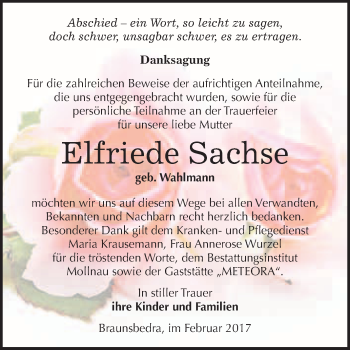 Traueranzeige von Elfriede Sachse von Super Sonntag Halle