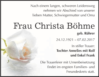 Traueranzeige von Christa Böhme von WVG - Wochenspiegel Bitterfeld