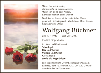 Traueranzeige von Wolfgang Büchner von WVG - Wochenspiegel Dessau / Köthen