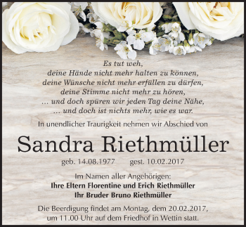 Traueranzeige von Sandra Riethmüller von Mitteldeutsche Zeitung Halle/Saalkreis