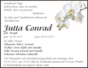 Traueranzeige von Jutta Conrad von Super Sonntag Wittenberg