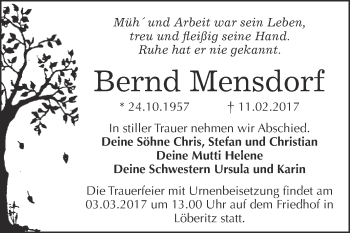 Traueranzeige von Bernd Mensdorf von WVG - Wochenspiegel Bitterfeld
