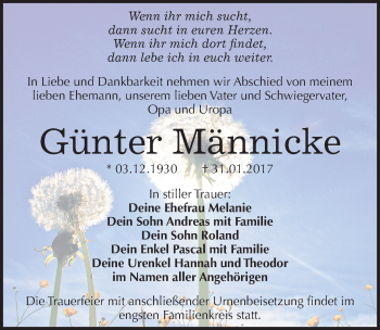 Traueranzeige von Günter Männicke von Mitteldeutsche Zeitung Bitterfeld