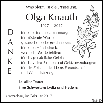 Traueranzeige von Olga Knauth von Super Sonntag Zeitz