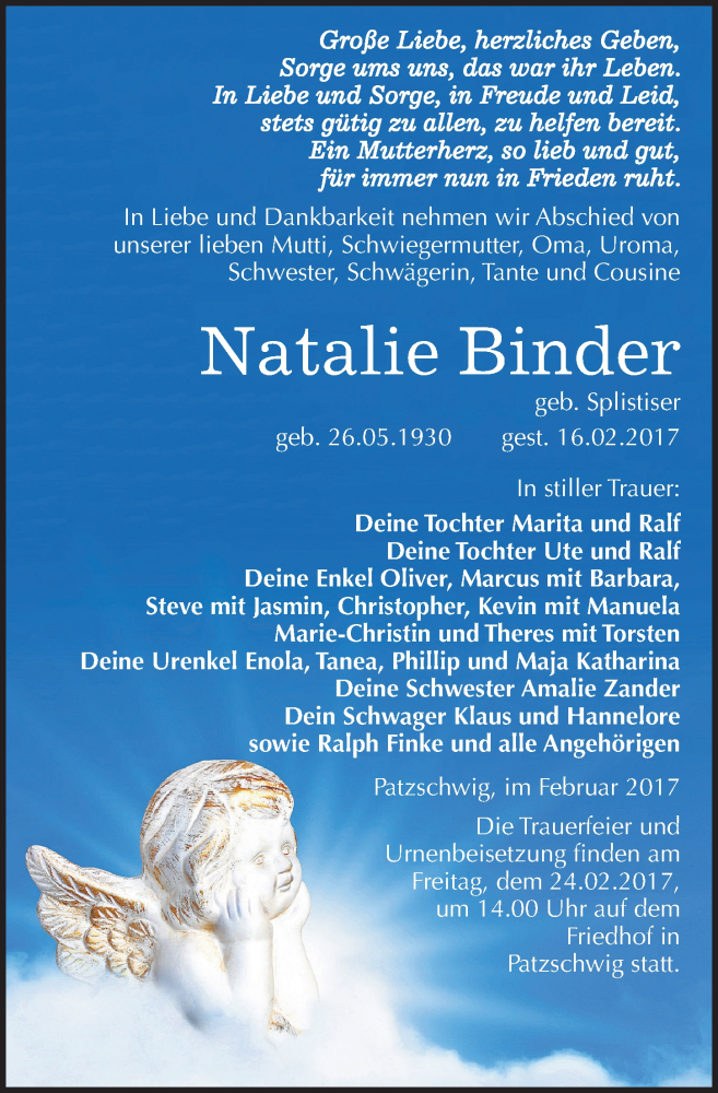  Traueranzeige für Natalie Binder vom 18.02.2017 aus Mitteldeutsche Zeitung Wittenberg