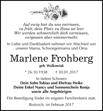 Traueranzeige von Marlene Frohberg von Mitteldeutsche Zeitung Bitterfeld